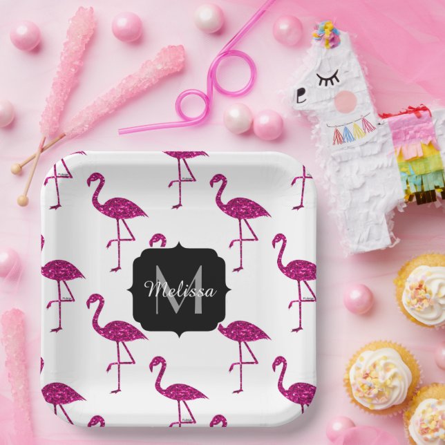 Glänzender Flamingo Rosa Glitter Funken Monogramm Pappteller (Party)