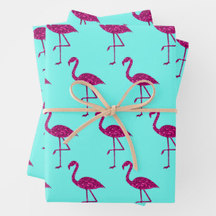 Glänzender Flamingo Rosa Glitter-Muster Türkisblau Geschenkpapier Set