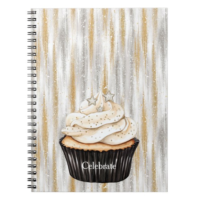 Glänzender Gold Silber Sterne Cupcake Feiern Notizblock (Vorderseite)