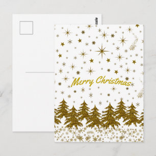 Glänzender goldener Weihnachtsbaum, Sterne, Schnee Postkarte