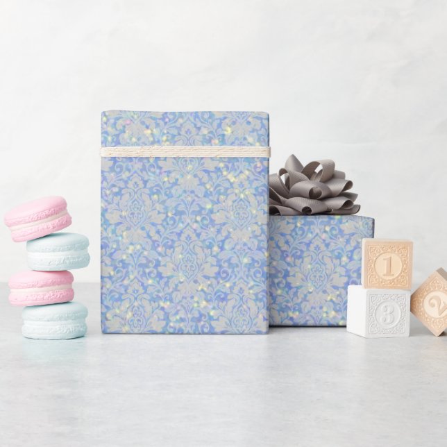 Glänzender Luxus-Damaskus & Glitter - Hellblau Geschenkpapier (Babyparty)