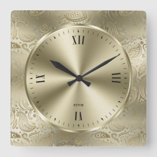 Glänzender Metallischer Eimer Gold & Vintage Paisl Quadratische Wanduhr