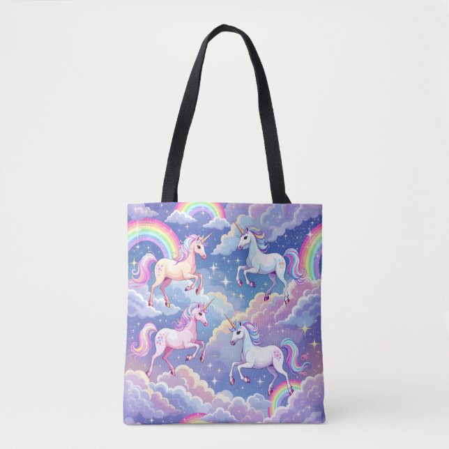 Glänzender Regenbogen und Einhörner auf Wolken (Vorderseite)