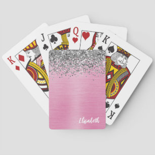 Glänzender rosa Metall Monogramm Name Spielkarten