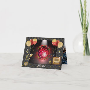 Glänzender roter Disco Ball & Absolventenhüte Foto Dankeskarte