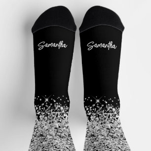 Glänzender Silber-Schwarz-Glamour-Bürstenschriftna Socken