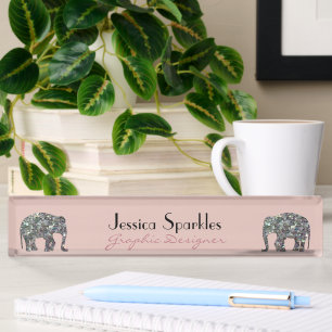 Glänzender silberner Mosaik-Glitter-Elefant rosa Namensplakette