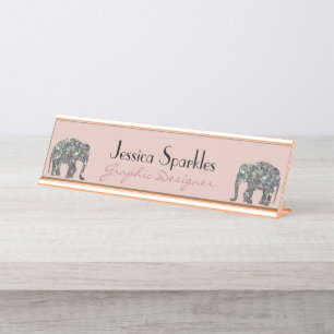 Glänzender silberner Mosaik-Glitter-Elefant rosa p Schreibtischnamensplakette