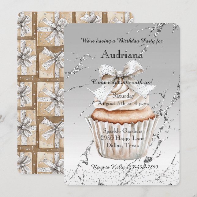 Glänzender Silberweißer Cupcake-Bogen Geburtstag Einladung (Vorne/Hinten)