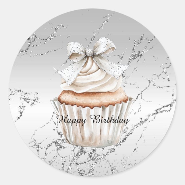 Glänzender Silberweißer Cupcake-Bogen Geburtstag Runder Aufkleber (Vorderseite)