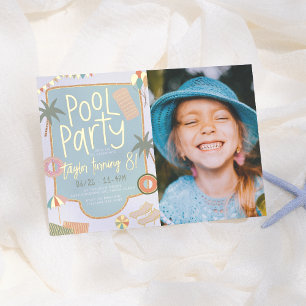 Glänzender Sommer Süße Poolparty Foto Mädchen Gebu Folieneinladung