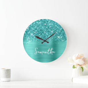 Glänzender Türkis Glamour Weiß Schrift Name Große Wanduhr