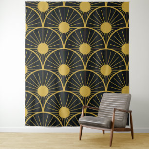 Glänzendes Art Deco Gold Sonnenmuster auf Schwarz Wandteppich