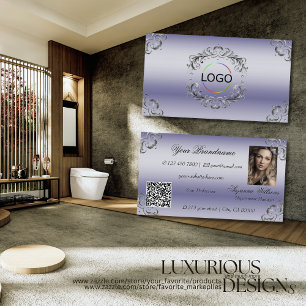 Glänzendes Blau Silber Dekor Logo Foto und QR-Code Visitenkarte