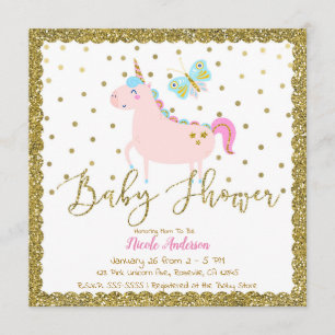 Glänzendes Einhorn Mädchen Baby Shower in Rosa und Einladung