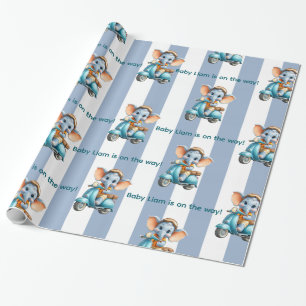 Glänzendes Geschenkpapier Blau & Weiß Streifen Ele