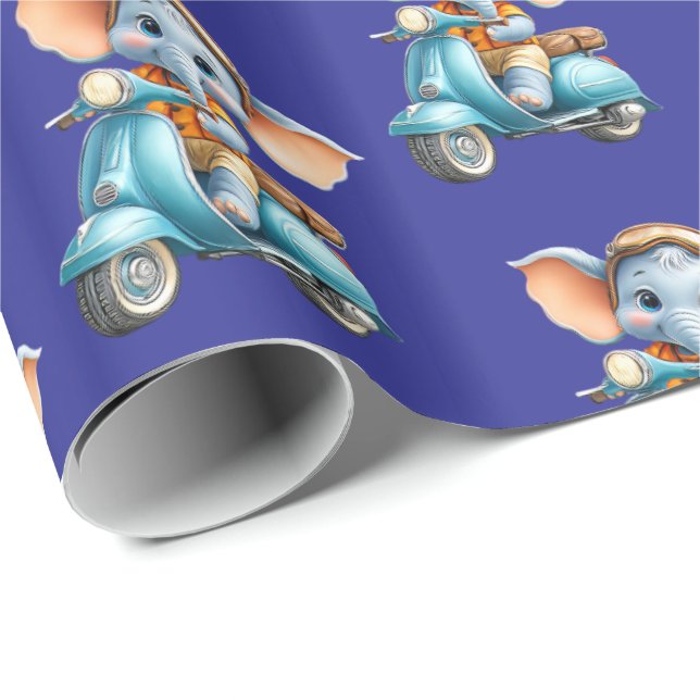 Glänzendes Geschenkpapier Blaues Elefantenscooter  (Rolleneckpunkt)