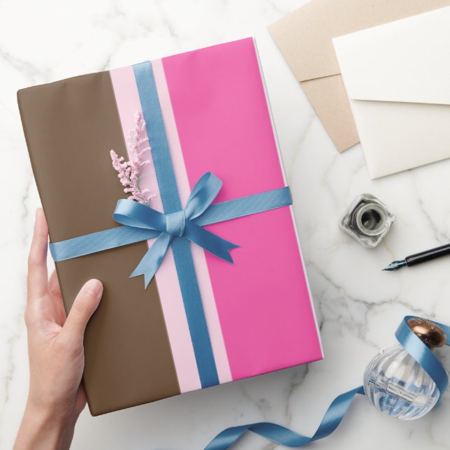 Glänzendes Geschenkpapier Braun & Rosa Streifen  (Schenken)