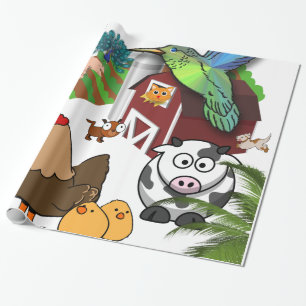 Glänzendes Geschenkpapier, Hühner Vögel Kühe Geschenkpapier