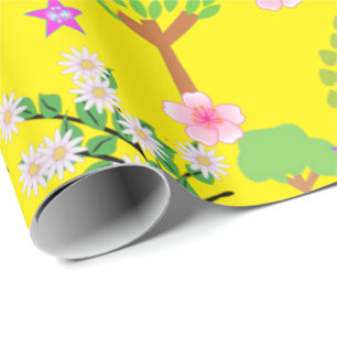 Glänzendes Geschenkpapier, Schaf Bäume Floral Gelb Geschenkpapier