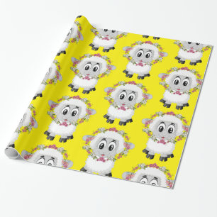 Glänzendes Geschenkpapier, Schaf Blumen Gelb Geschenkpapier
