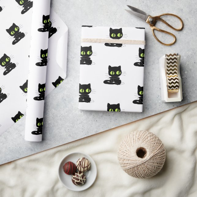 Glänzendes Geschenkpapier schwarze Katze grüne Aug (Kunsthandwerk)