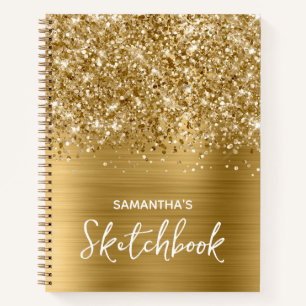 Glänzendes Gold Glam Skizzenbuch mit Namen Notizbuch