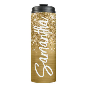Glänzendes Gold Glam Vertikal Name Personalisiert Thermosbecher