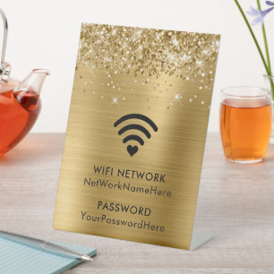 Glänzendes Goldfolie-WLAN-Netzwerk und Passwort Sockelschild