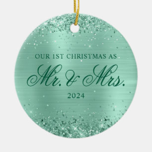 Glänzendes Hell-Türkis-Folie Unser 1. Weihnachtsfo Keramik Ornament