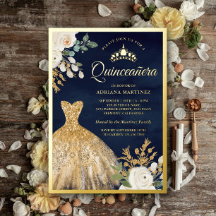 Glänzendes Kleid Elfenbein Blumen Navy Quinceanera Folieneinladung