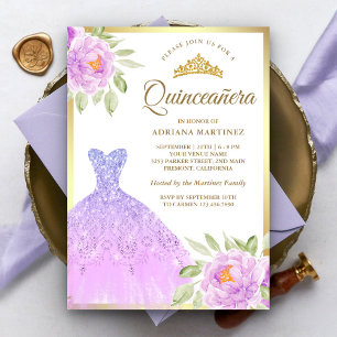 Glänzendes Kleid Flieder Lila Blumen Gold Quincean Einladung