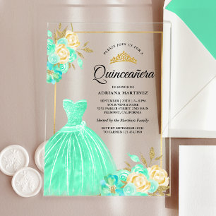 Glänzendes Kleid Mintgrün Floral Gold Quinceanera Acryleinladungen