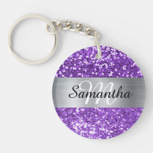Glänzendes lila Glitter Silberfolie Monogramm Schlüsselanhänger