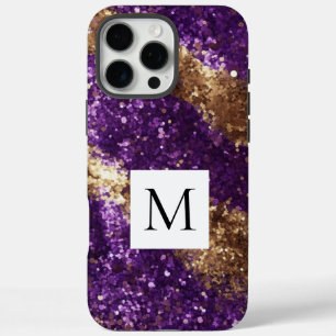 Glänzendes lila Gold Glitter Monogramm iPhone 16 Pro Max Hülle