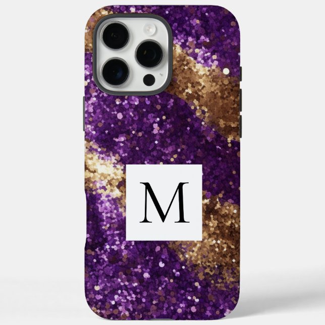 Glänzendes lila Gold Glitter Monogramm  Case-Mate iPhone Hülle (Rückseite)