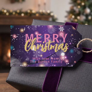 Glänzendes lila Winterwunderland Frohe Weihnachten Geschenkanhänger