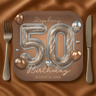 Glänzendes Metallic Silber und Bronze 50. Geburtst Pappteller