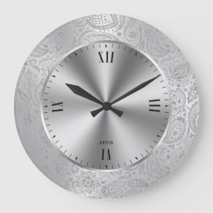 Glänzendes Metallic Silber & Vintage Paisley Große Wanduhr