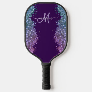 Glänzendes modernes Monogramm Lila Türkis Blau Pickleball Schläger