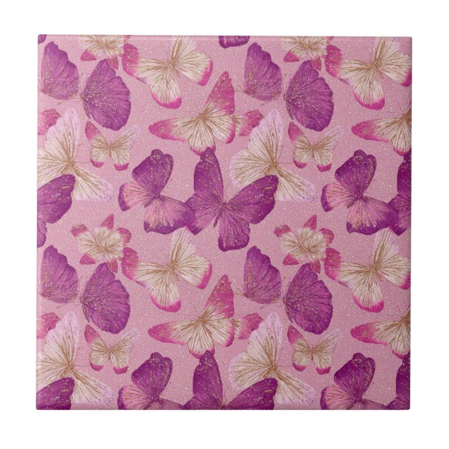 Glänzendes Nahtloses Muster mit rosa Schmetterling Fliese (Vorderseite)