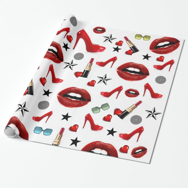 glänzendes Papier, rote Lippenstift Lippen Heelse Geschenkpapier (Ungerollt)