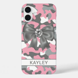 Glänzendes Rosa Graues Tarnmuster Personalisiert iPhone 16 Plus Hülle