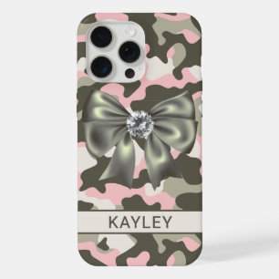 Glänzendes Rosa Grünes Tarnmuster Personalisiert iPhone 15 Pro Max Hülle