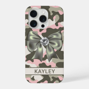 Glänzendes Rosa Grünes Tarnmuster Personalisiert iPhone 15 Pro Hülle