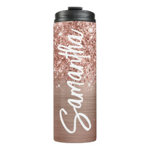 Glänzendes Roségold Glam Vertikaler Name Personali Thermosbecher