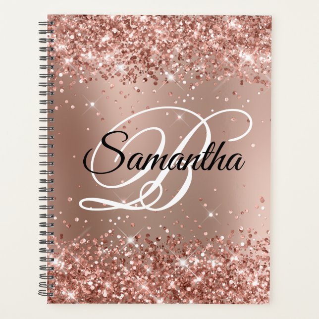 Glänzendes Roségold Glamour Gradient Monogramm Planer (Vorderseite)