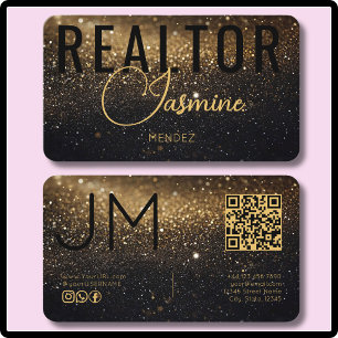 Glänzendes Schwarz Gold Modernes Monogramm QR Real Visitenkarte