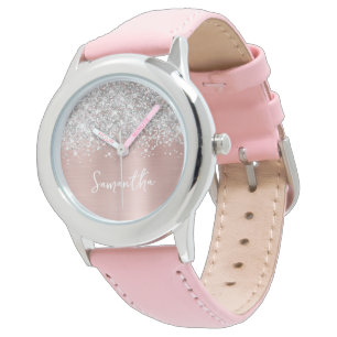 Glänzendes Silber Blush Pink Glam Weiß Name Armbanduhr