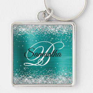 Glänzendes Silber Glitter Aqua Teal Folien-Monogra Schlüsselanhänger